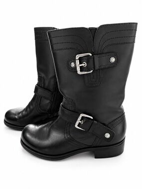 Guess - Women’s Moto Black Harness Buckle Leather Zip Boots - Size 6.5